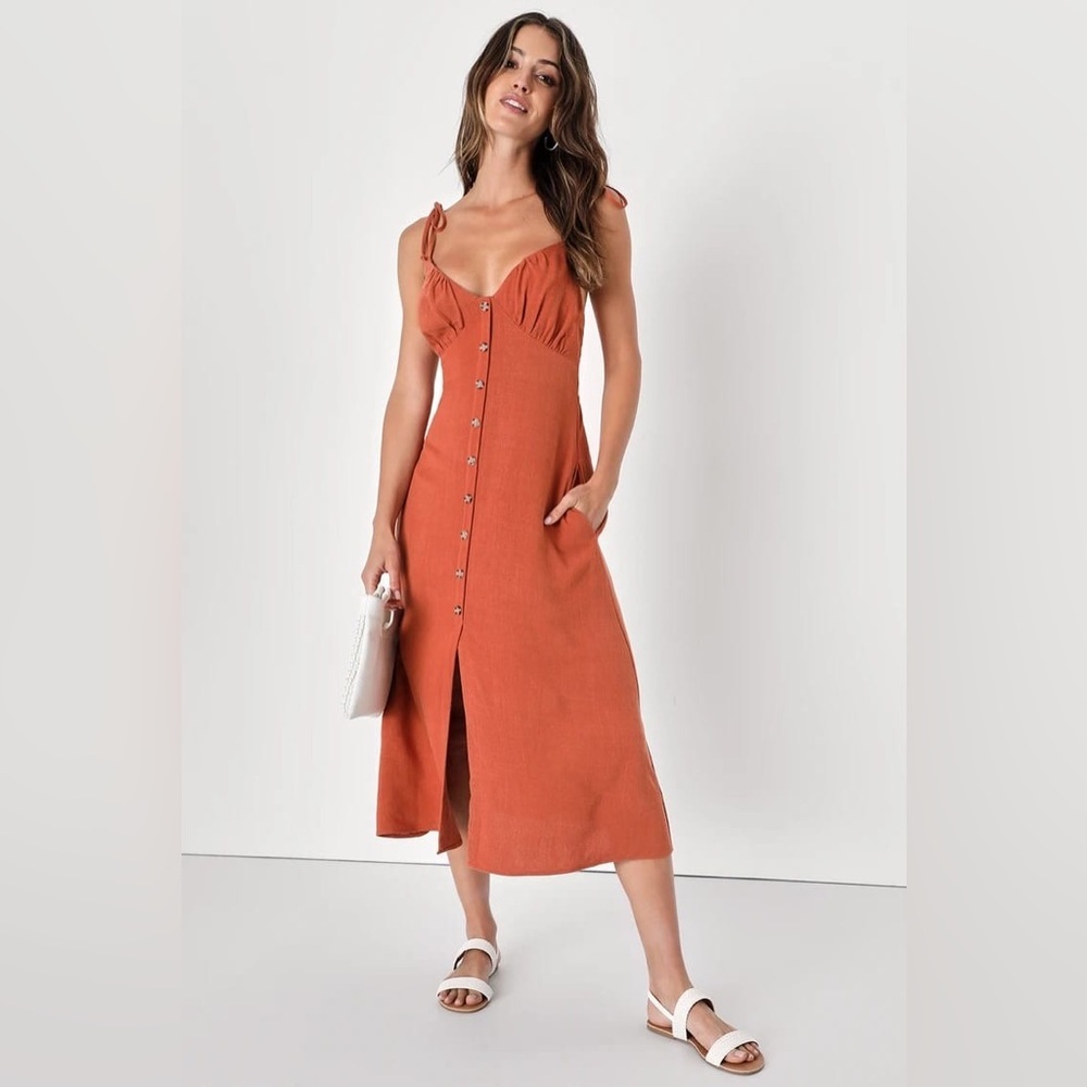 Lulu's Rust Button-Front Midi Dress